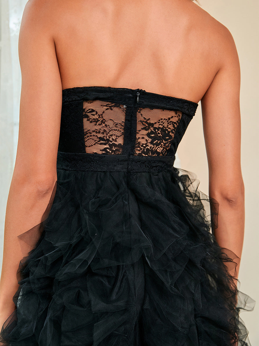 Strapless Netting Sheer Plumage Slit Evening Dress