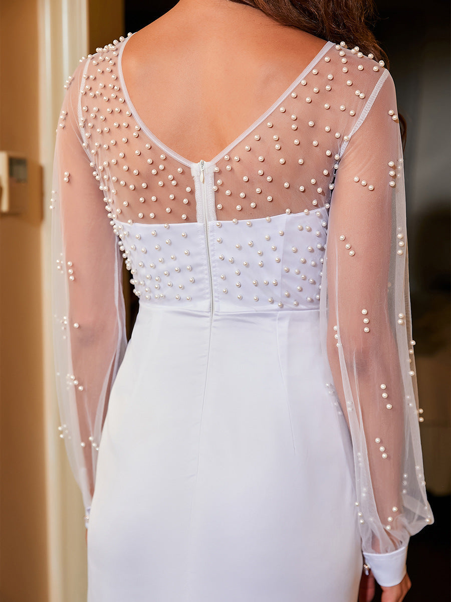 Strapless Net Pearl Hip Wrap Dress Evening Dress
