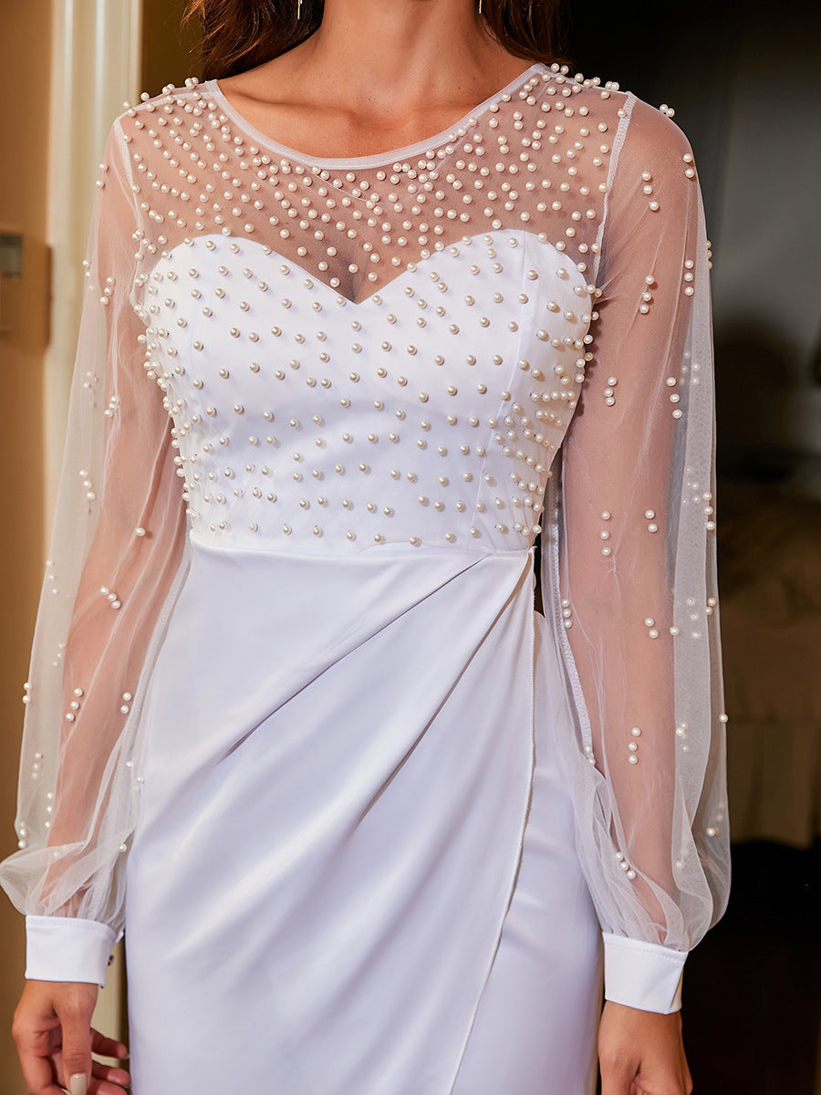 Strapless Net Pearl Hip Wrap Dress Evening Dress