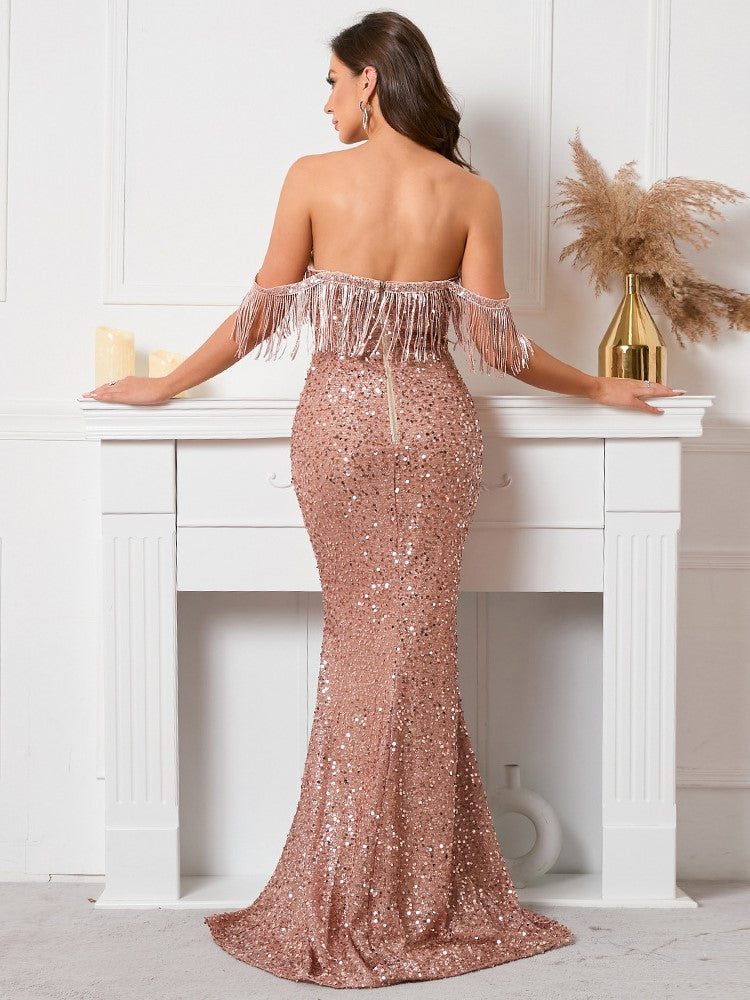 Sequined Strapless One-shoulder Evening Dress