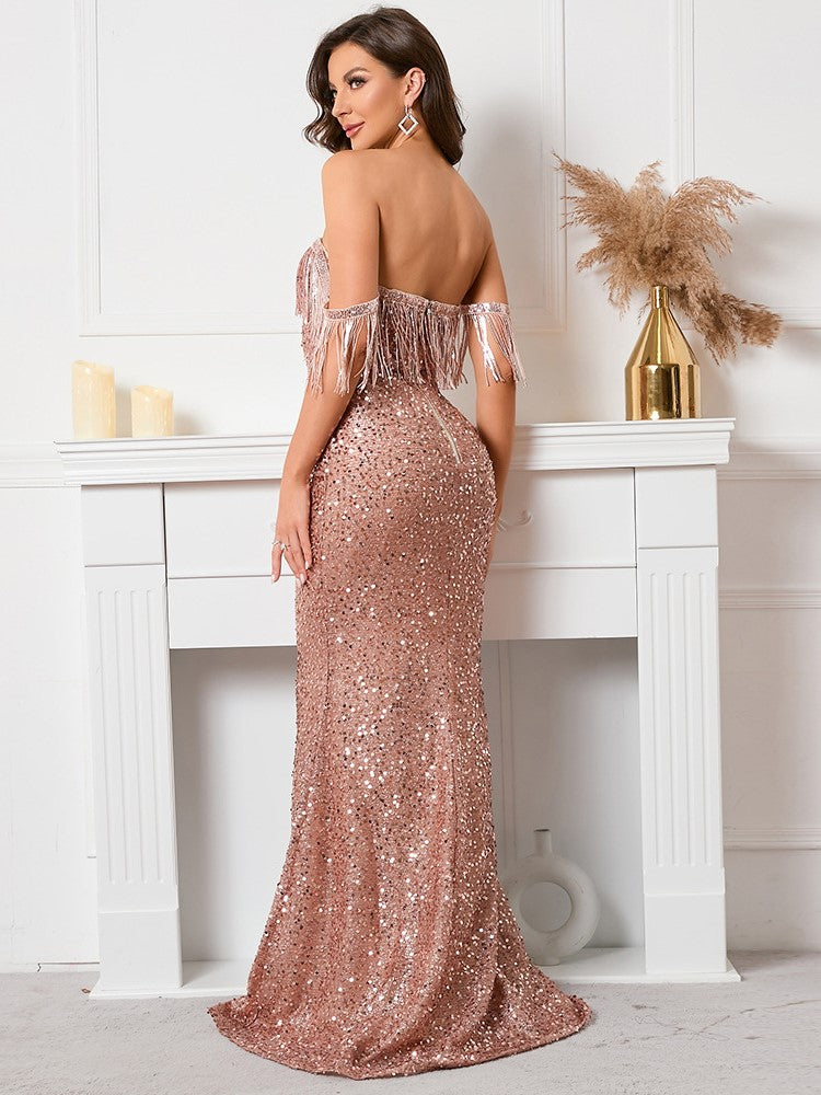 Sequined Strapless One-shoulder Evening Dress