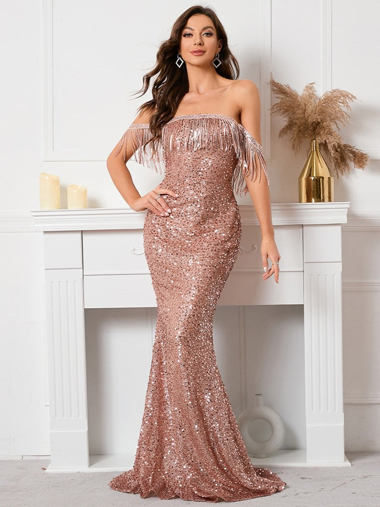 Sequined Strapless One-shoulder Evening Dress