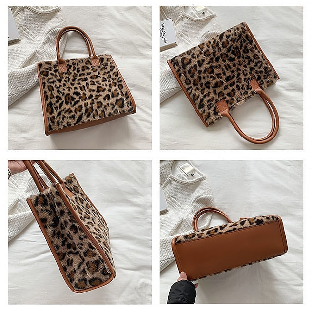 Leopard Faux Fur Leather Trim Tote Bag