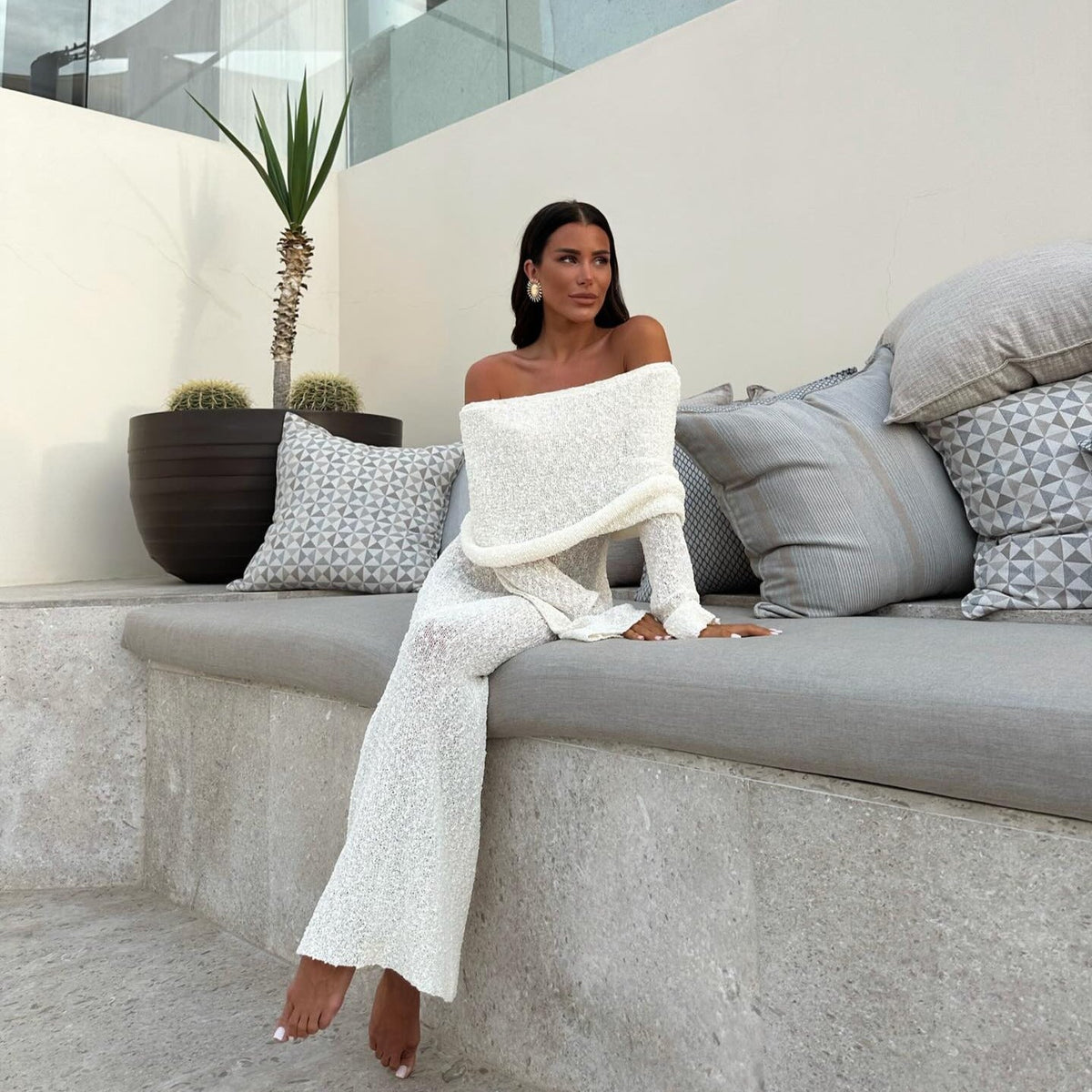 Off-Shoulder Long Sleeve Sheer Knit Bodycon Maxi Dress 8