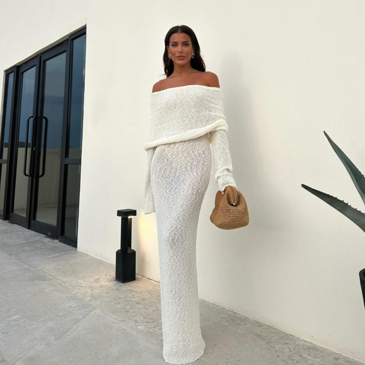 Off-Shoulder Long Sleeve Sheer Knit Bodycon Maxi Dress 9