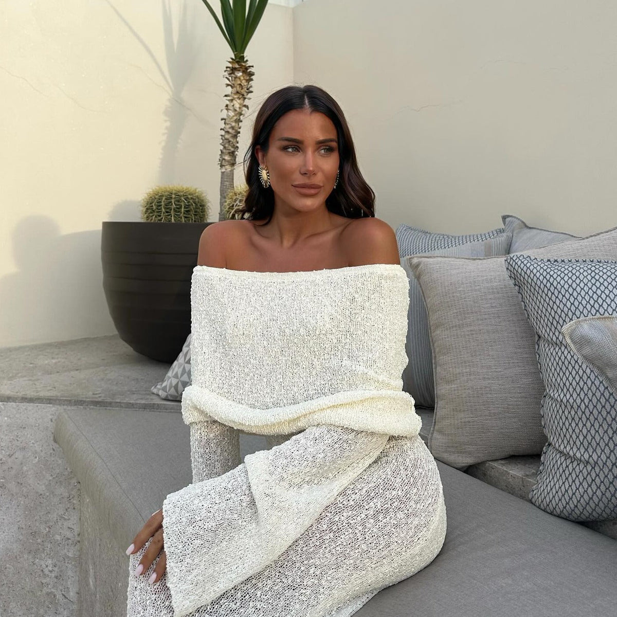 Off-Shoulder Long Sleeve Sheer Knit Bodycon Maxi Dress 10