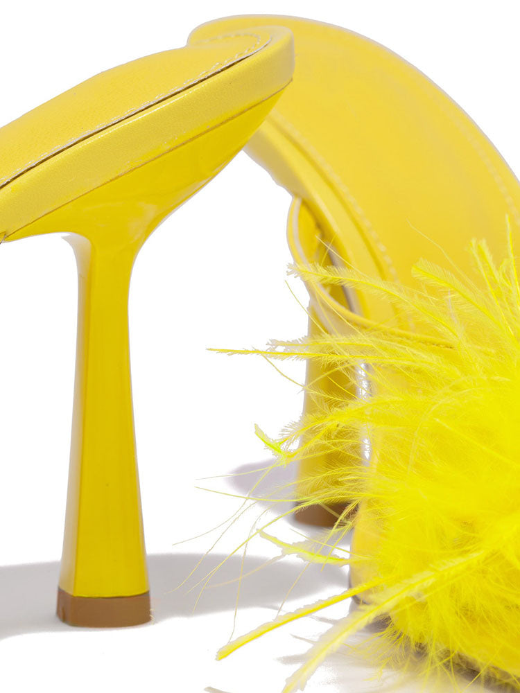 Feather Trim Square Toe Stiletto High Heel Mules