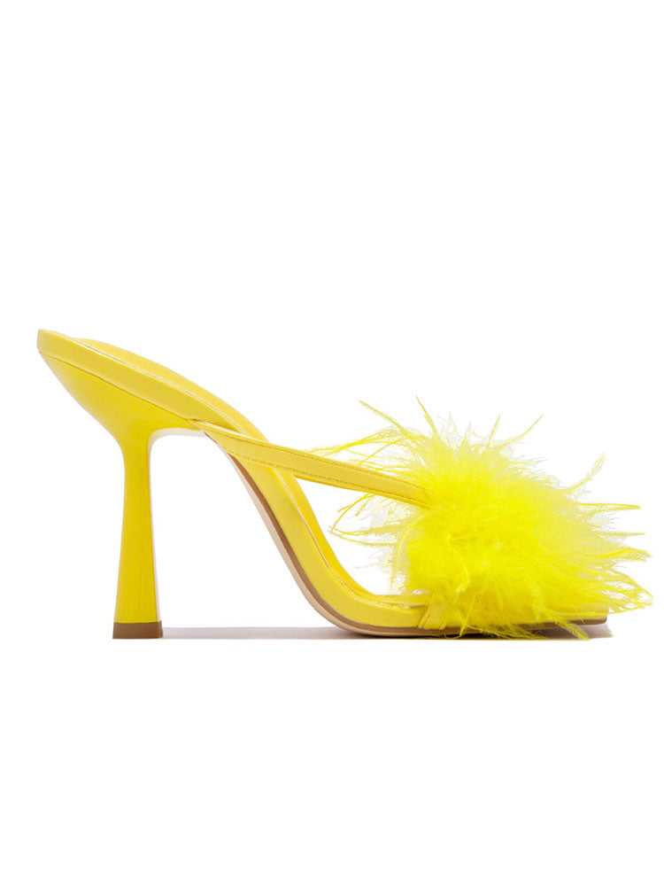 Feather Trim Square Toe Stiletto High Heel Mules