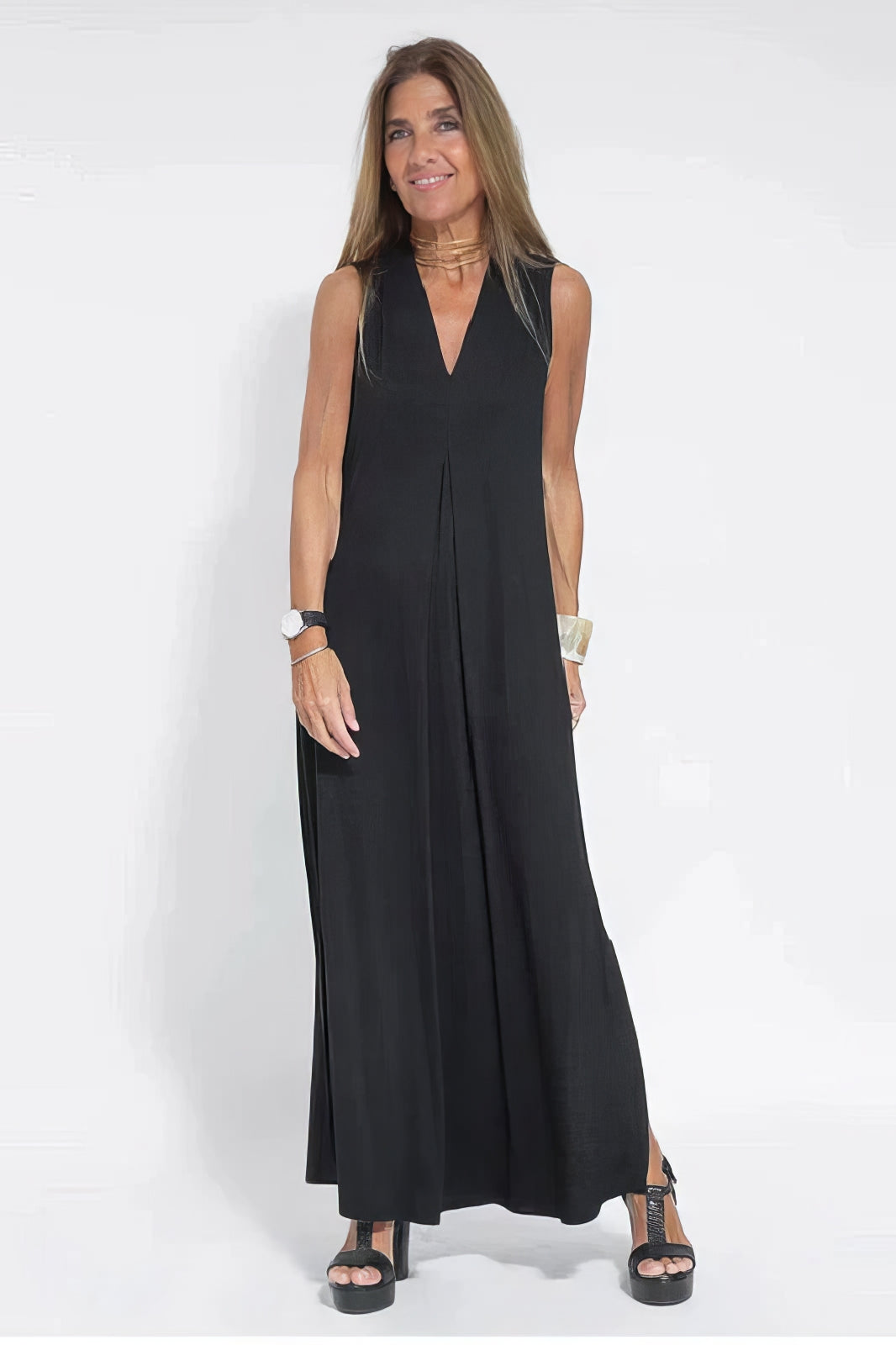 V-Neck Sleeveless Pleated Front Draped Relaxed Maxi Dress