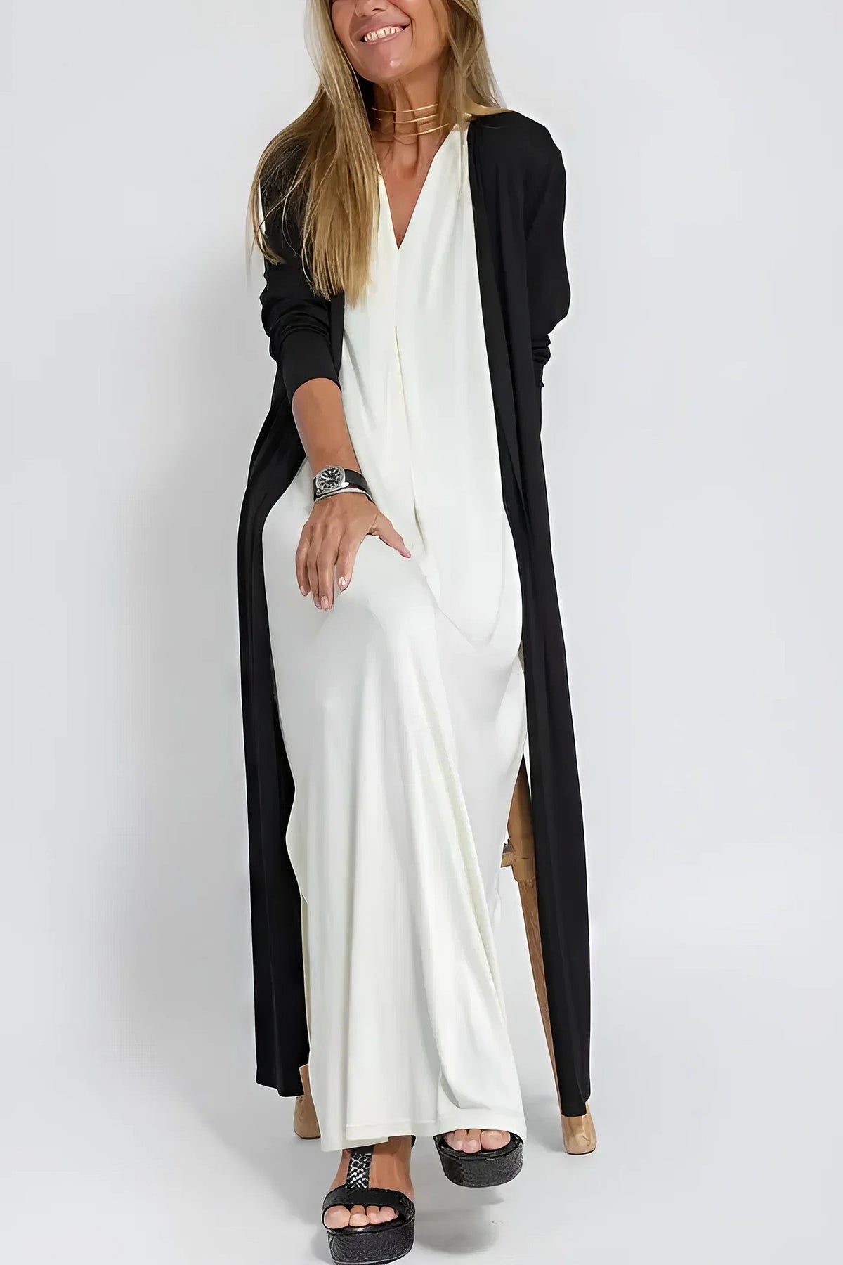 V-Neck Sleeveless Pleated Front Draped Relaxed Maxi Dress