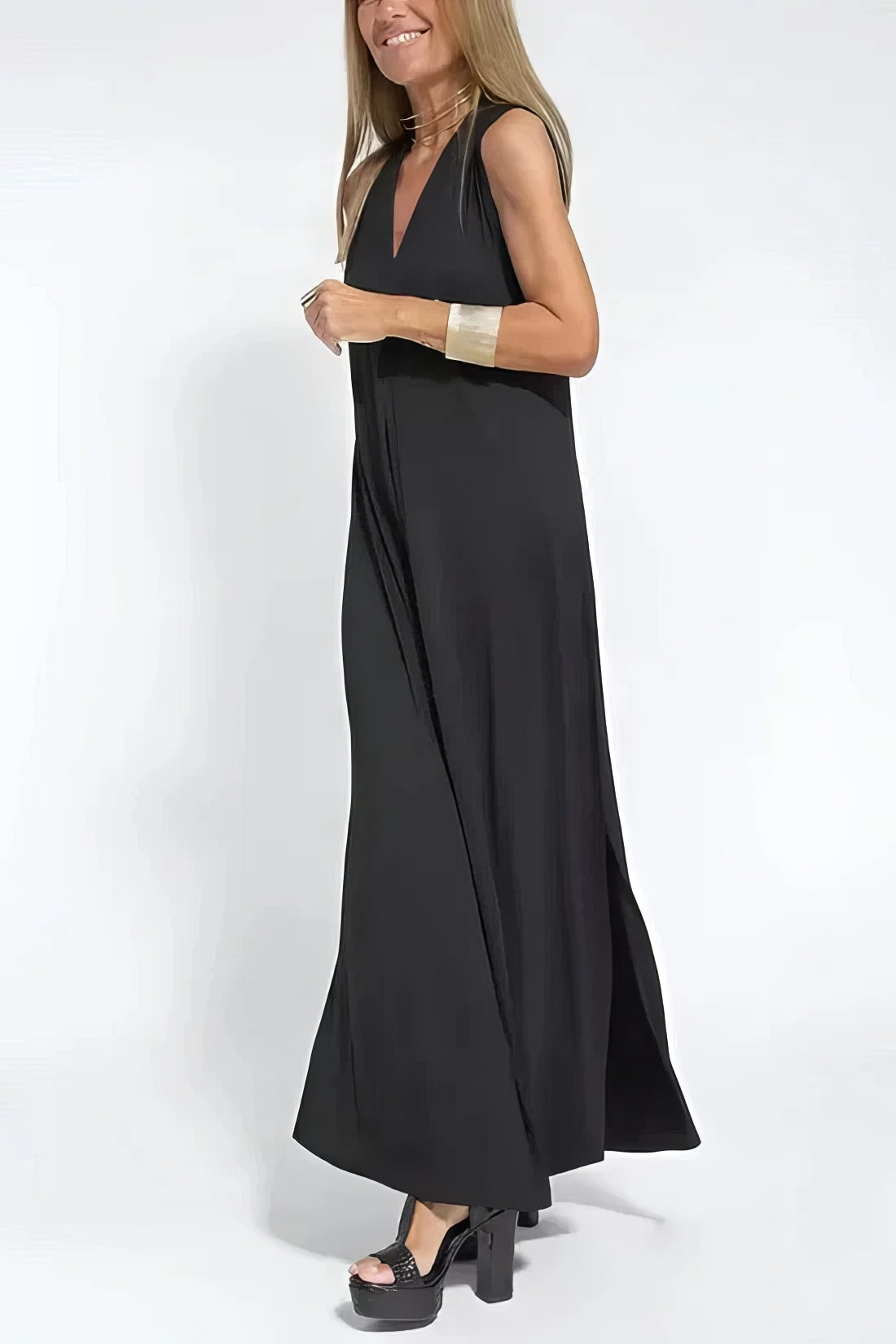 V-Neck Sleeveless Pleated Front Draped Relaxed Maxi Dress