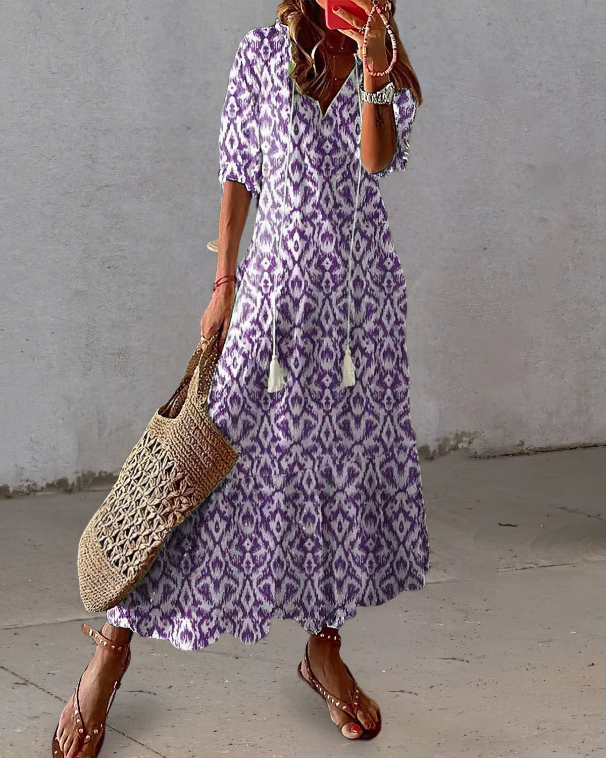 V-Neck Tassel Tie Ikat Print Tiered Boho Maxi Dress 3