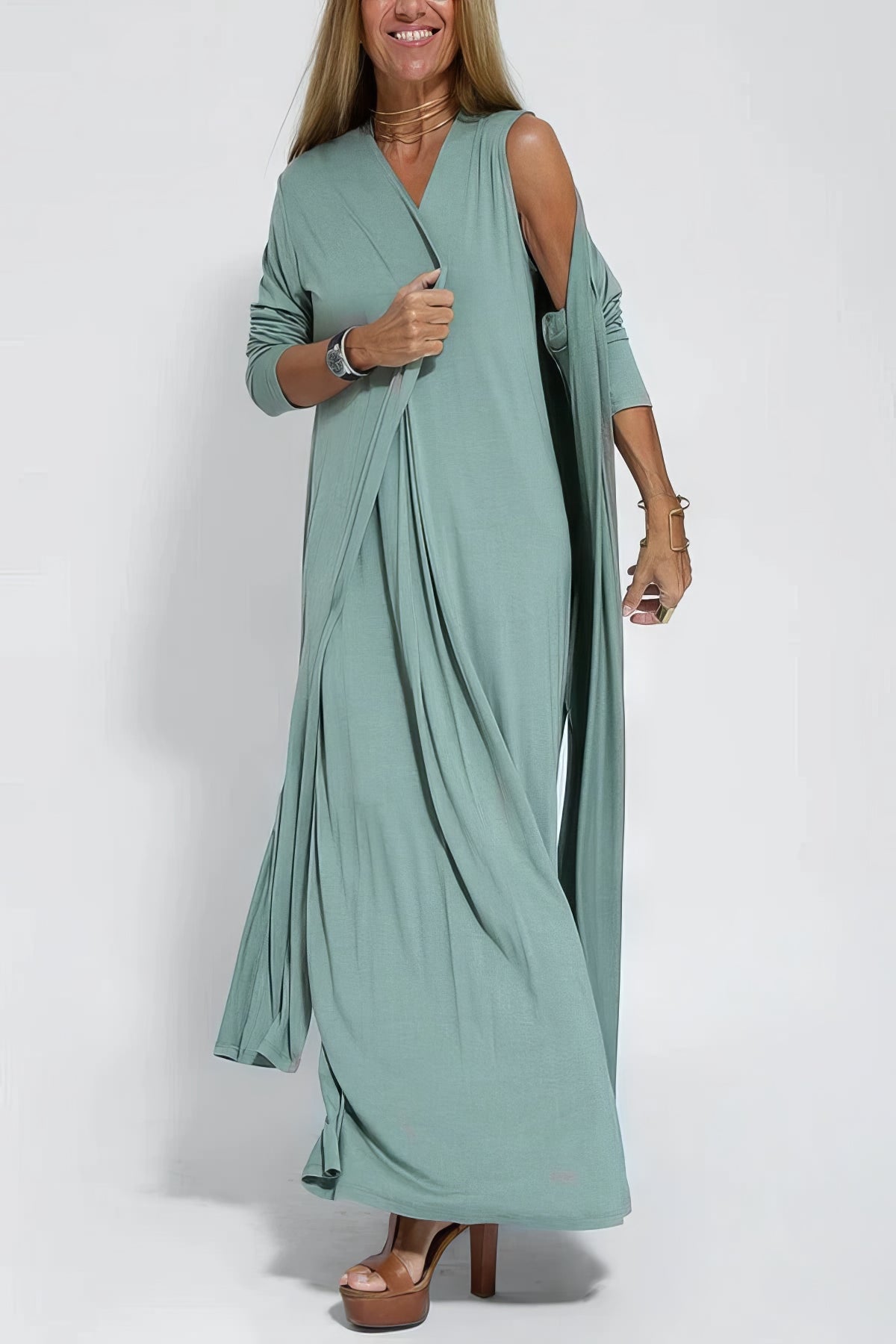V-Neck Sleeveless Pleated Front Draped Relaxed Maxi Dress