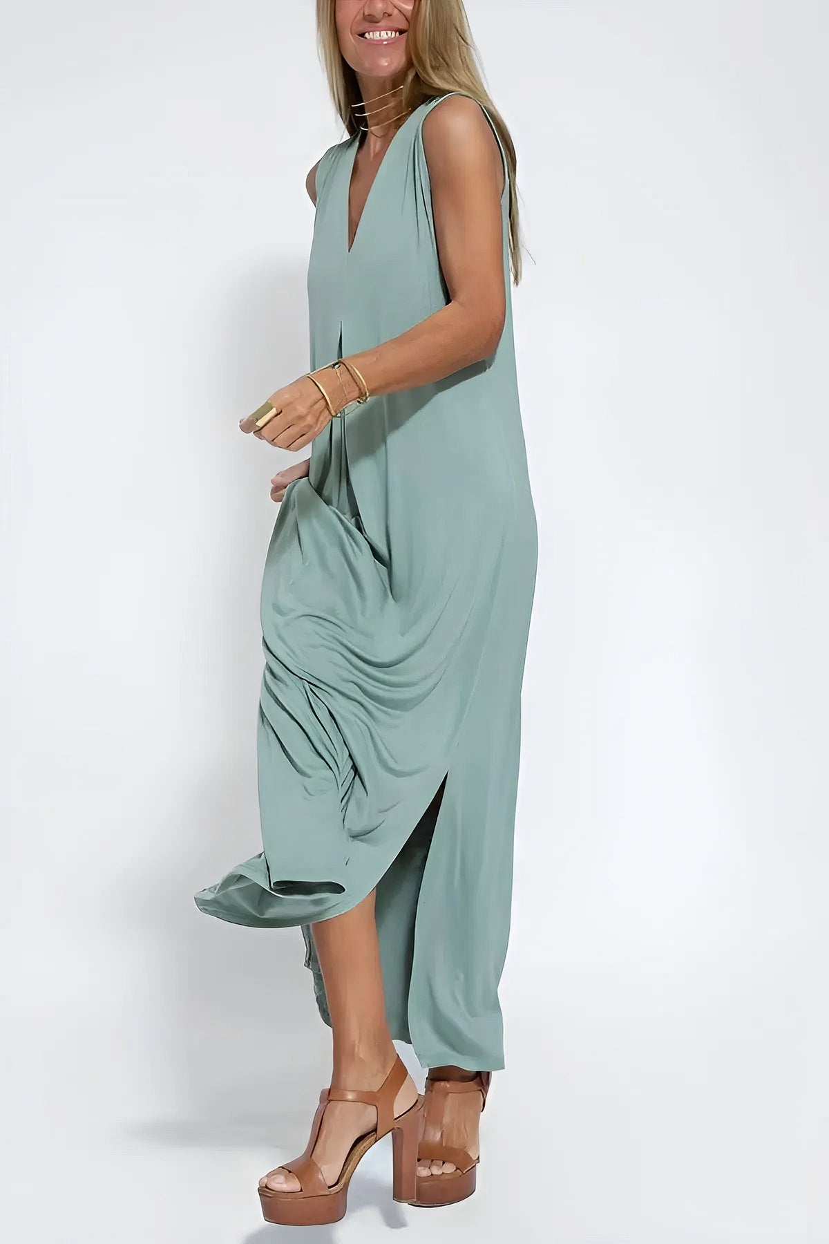 V-Neck Sleeveless Pleated Front Draped Relaxed Maxi Dress