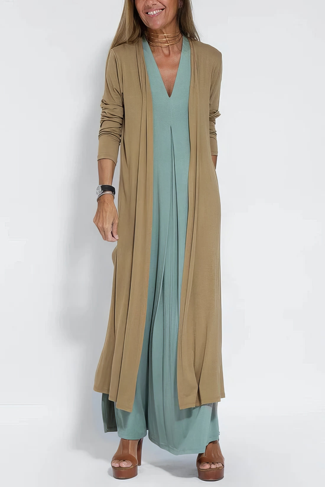 V-Neck Sleeveless Pleated Front Draped Relaxed Maxi Dress