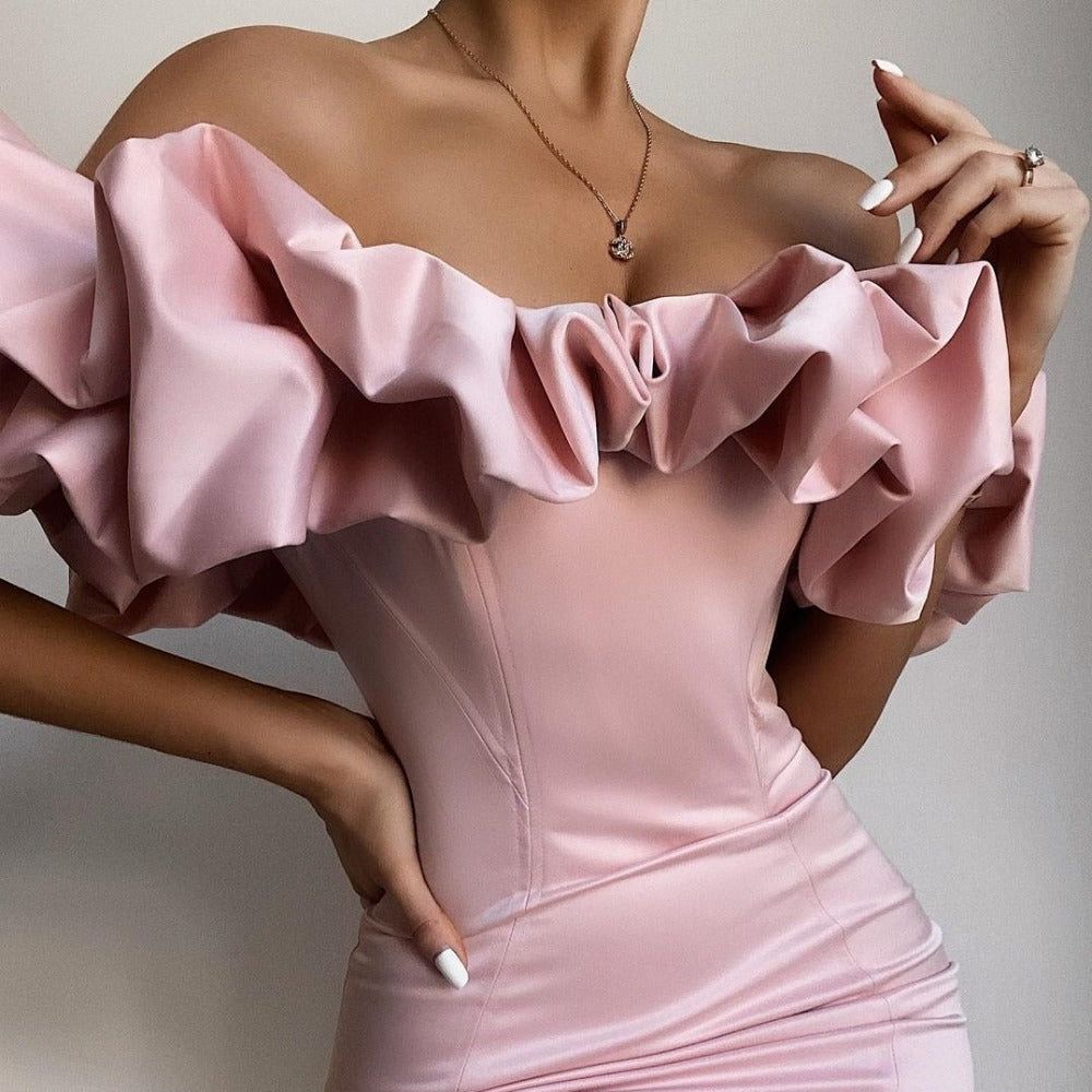 Off-Shoulder Satin Ruffle Corset Bodycon Mini Dress