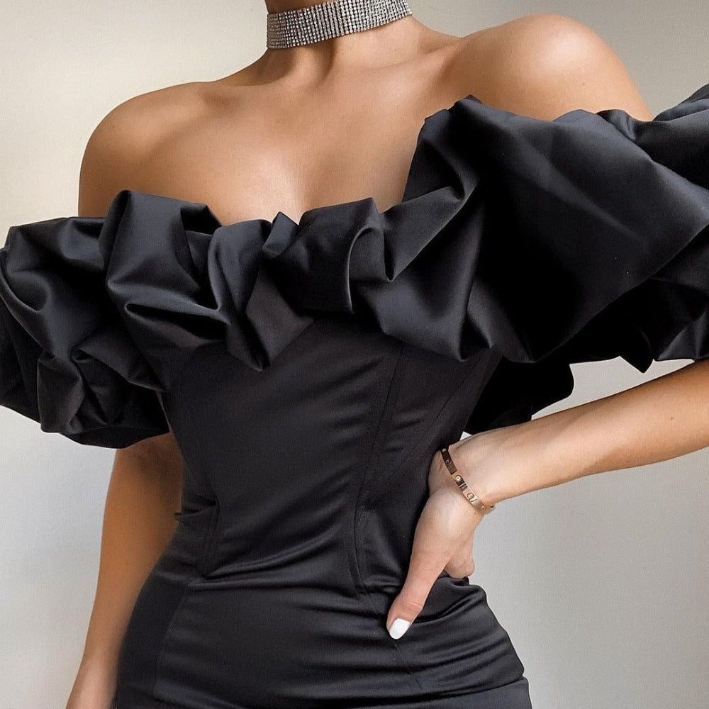 Off-Shoulder Satin Ruffle Corset Bodycon Mini Dress