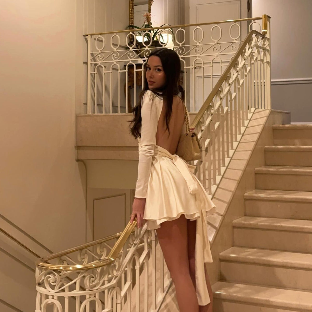 Ivory High Neck Keyhole Cutout Long Sleeve Satin Flared Mini Dress 8