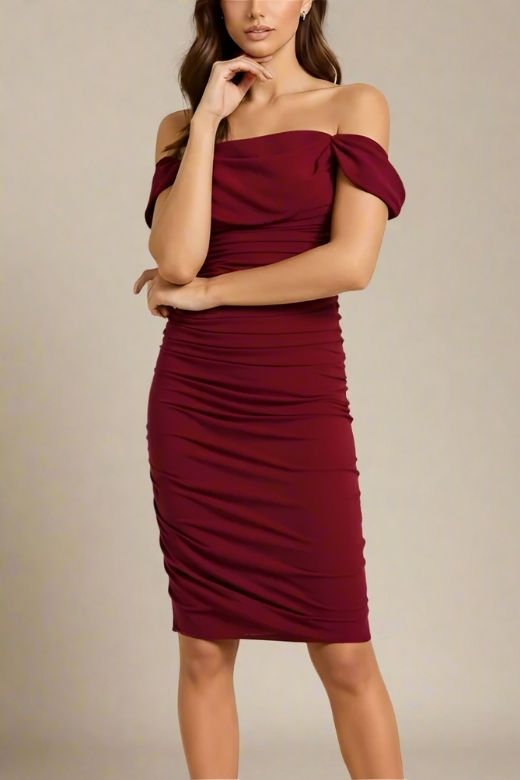Woman wearing a figure flattering  Zia Bodycon Wrap Dress - Red Wine Bodycon Collection