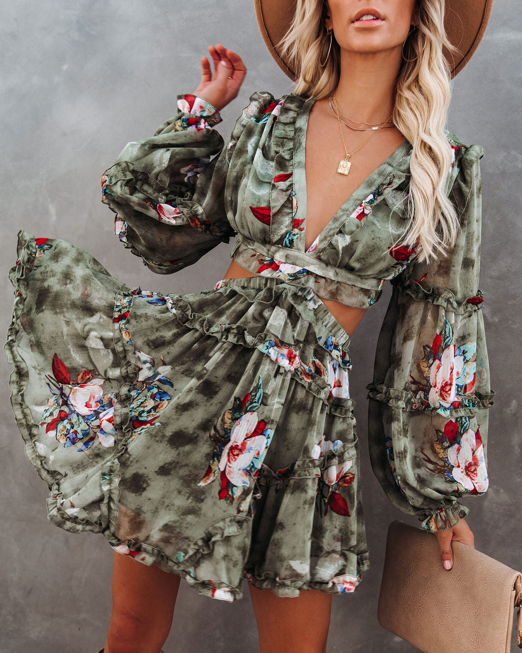 Zida Floral Ruffle Tiered Cutout Dress Olive