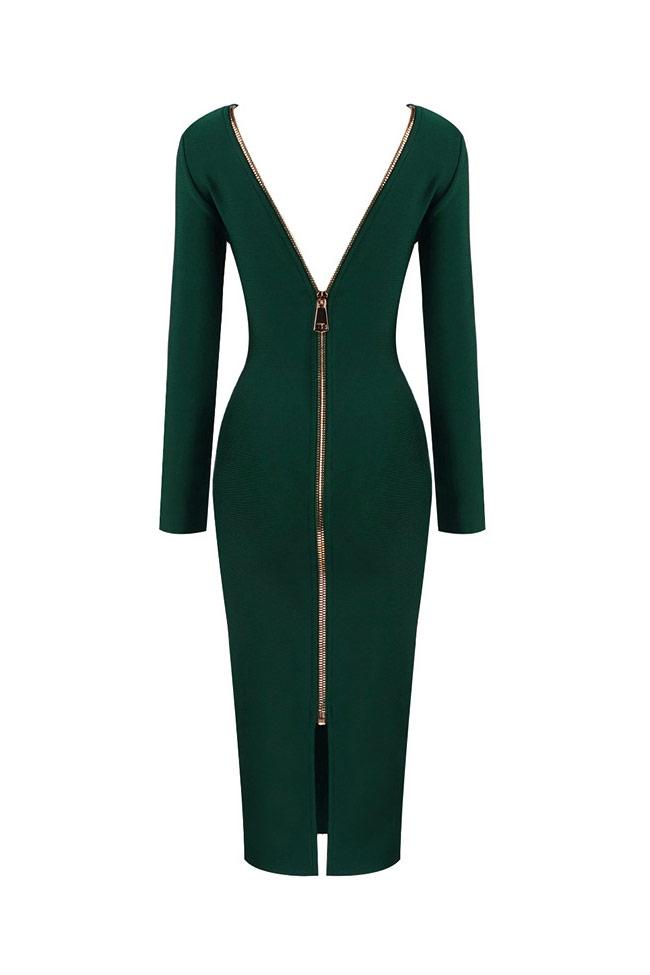 Emerald Green Long Sleeve Zip Back Backless Bandage Bodycon Midi Dress 4