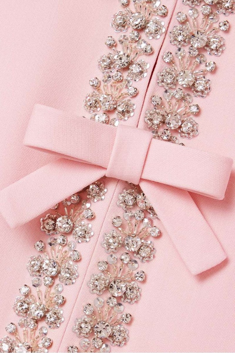 Pink Round Neck Crystal Bow Embellished Short Sleeve A-Line Midi Dress