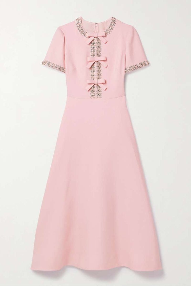 Pink Round Neck Crystal Bow Embellished Short Sleeve A-Line Midi Dress