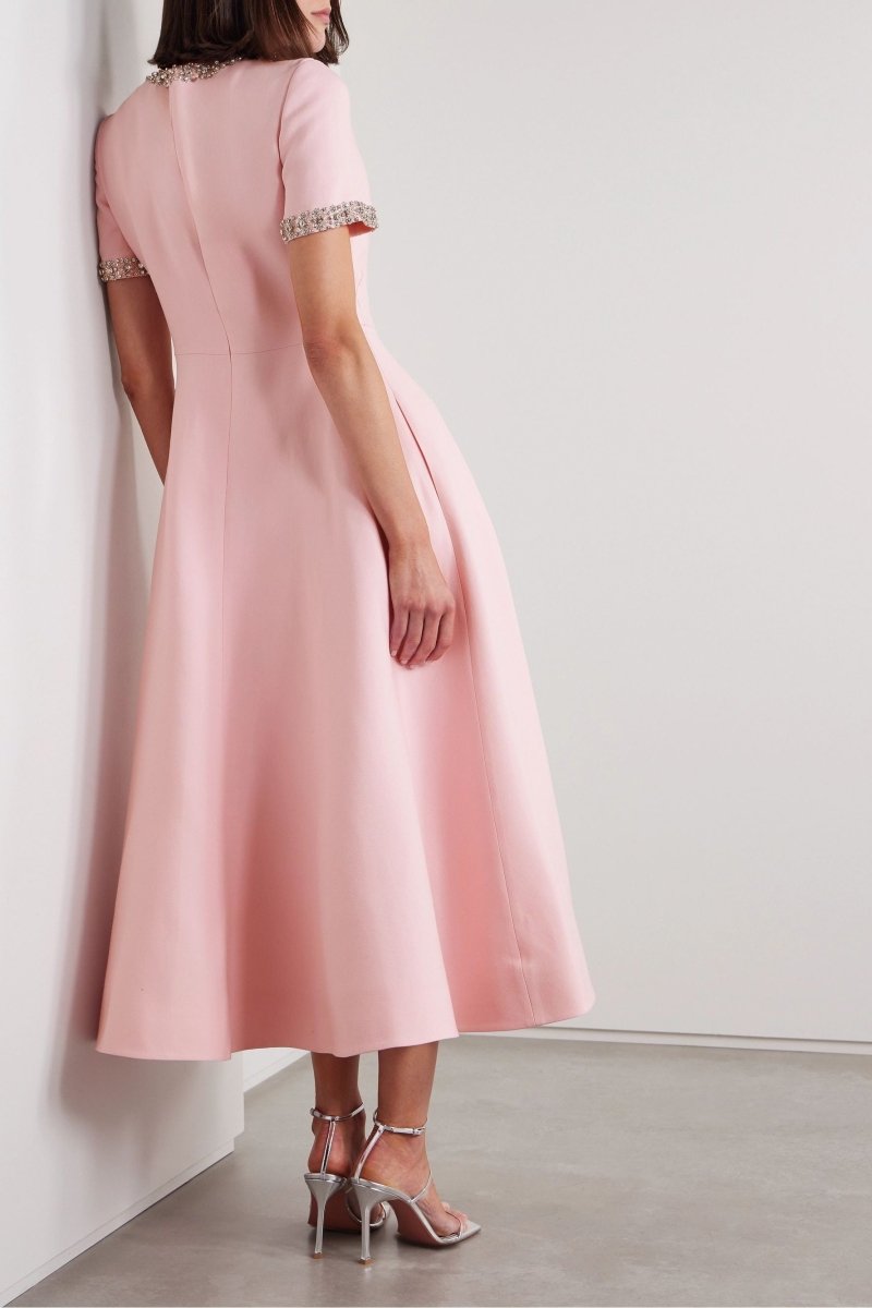 Pink Round Neck Crystal Bow Embellished Short Sleeve A-Line Midi Dress