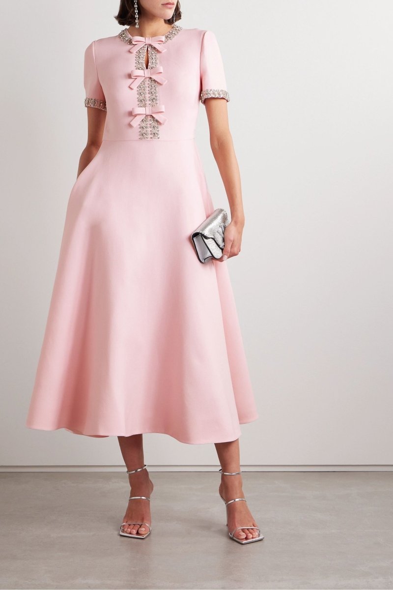 Pink Round Neck Crystal Bow Embellished Short Sleeve A-Line Midi Dress