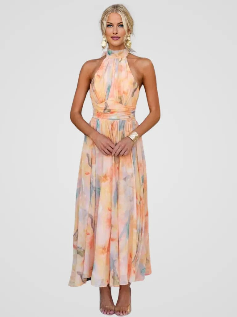 Pink Halter Neck Sleeveless Ruched Watercolor Floral Maxi Dress