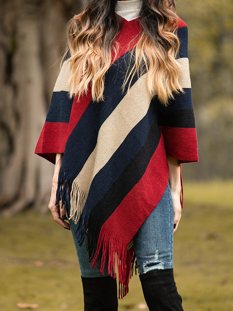 Striped Knit Tassel Trim Asymmetric Hem Poncho