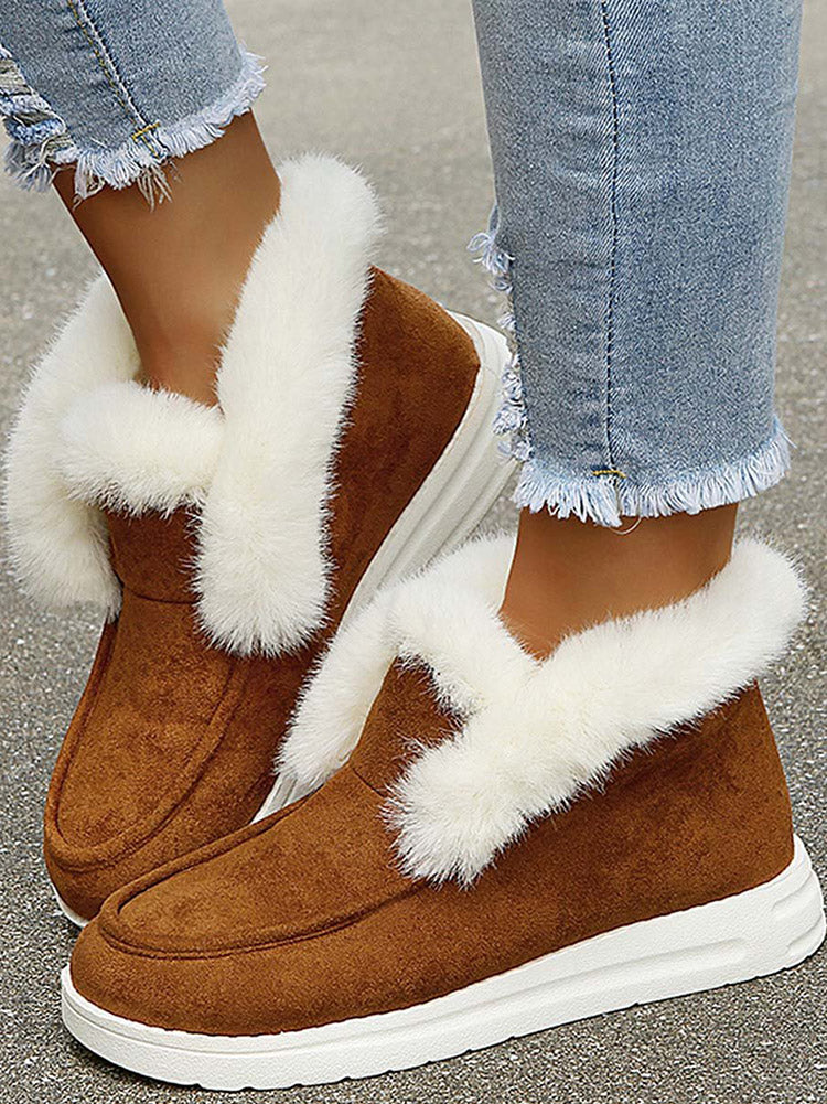 Faux Fur Trim Suede Slip On Ankle Snow Boots