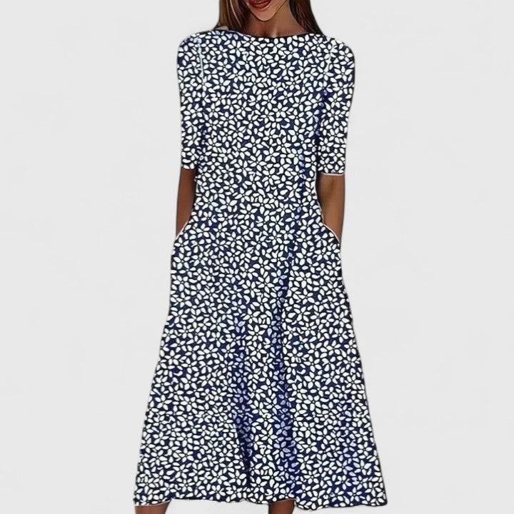 V-Neck Chambray Embroidered Trim Half Sleeve A-Line Midi Dress