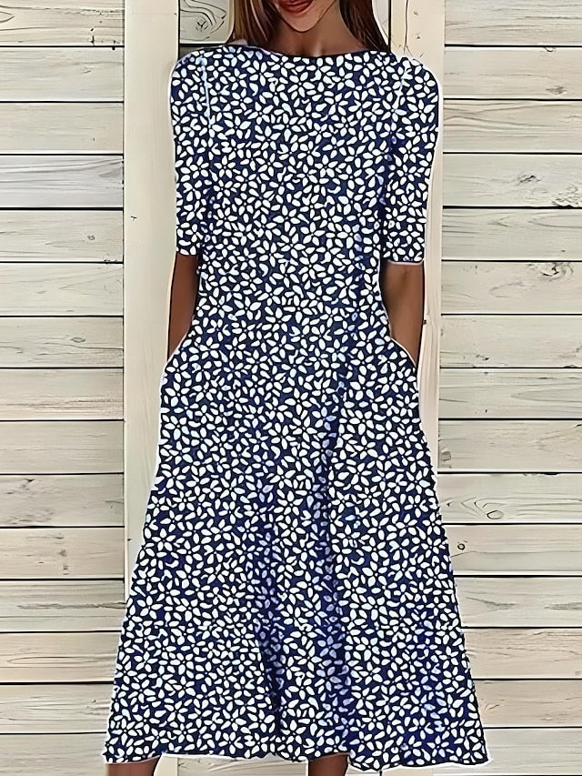 Round Neck Short Sleeve Floral Print Pocket A-Line Midi Dress