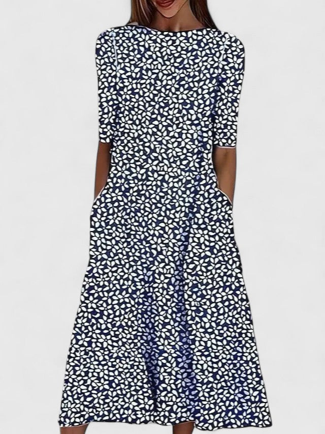 Round Neck Short Sleeve Botanical Floral Print Pocket Midi Dress